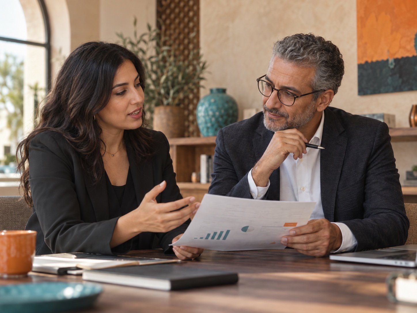 Une entrepreneure marocaine échange avec un conseiller autour de son projet